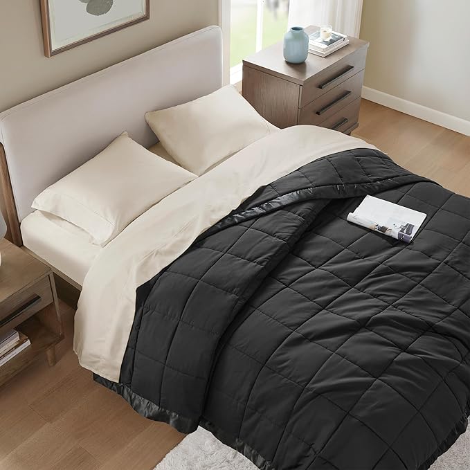 Madison Park Twin Size Blanket Ultra-Soft Microfiber Twin Size, Box Quilting with Satin Binding, All Season & Lightweight Twin Summer Blanket for Bed, Couch & Sofa, Twin, Black
