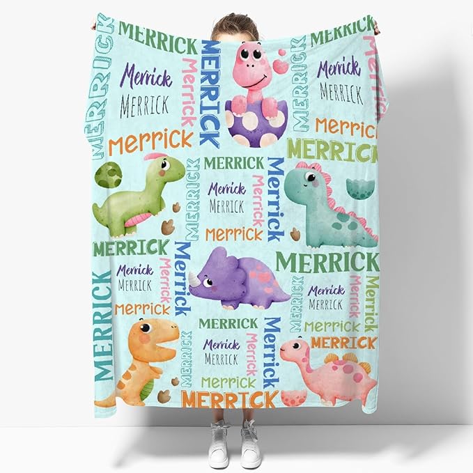 Dinosaur Lover Personalized Blanket with Custom Baby Dinosaur Custom Name Flannel Blanket Soft Throw Meaningful Gift for Toddlers Girls Boys Kids Pets 80 * 60" L for Adult