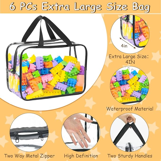 6 Packs Large Toy Storage Bags, Dual Zippers and Portable Handheld Design, Clear Waterproof Toy Organizer Bags with Labels, Board Game Storage for Building Blocks, Puzzle
