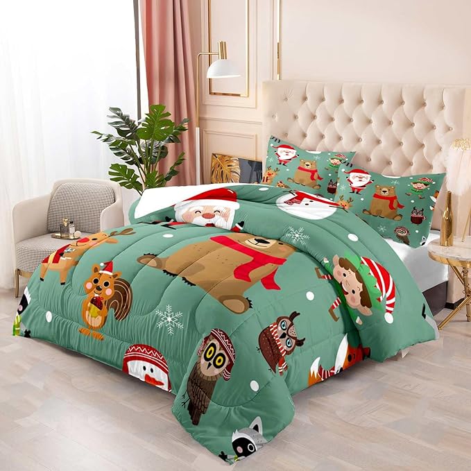 LUVIVIHOME 3PCS Merry Christmas Comforter Set Full Size, Boys Girls Kids Bedding, Green Quilt, Funny Cute Cartoon Santa Claus Elf Owl Elk Reindeer Squirrel Xmas Christmas Bedroom Decor, 2 Pillow Shams