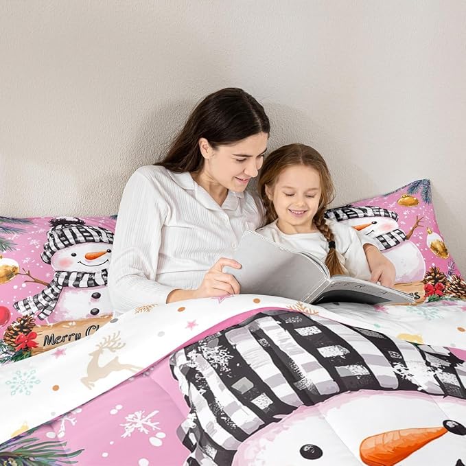 Feelyou Merry Christmas Bedding Set Soft for Boys Girls, Cute Snowman Comforter Set King Size Snowflake Duvet Quilt Microfiber Winter Bedroom Decor 3 Pcs with 2 Pillow Cases