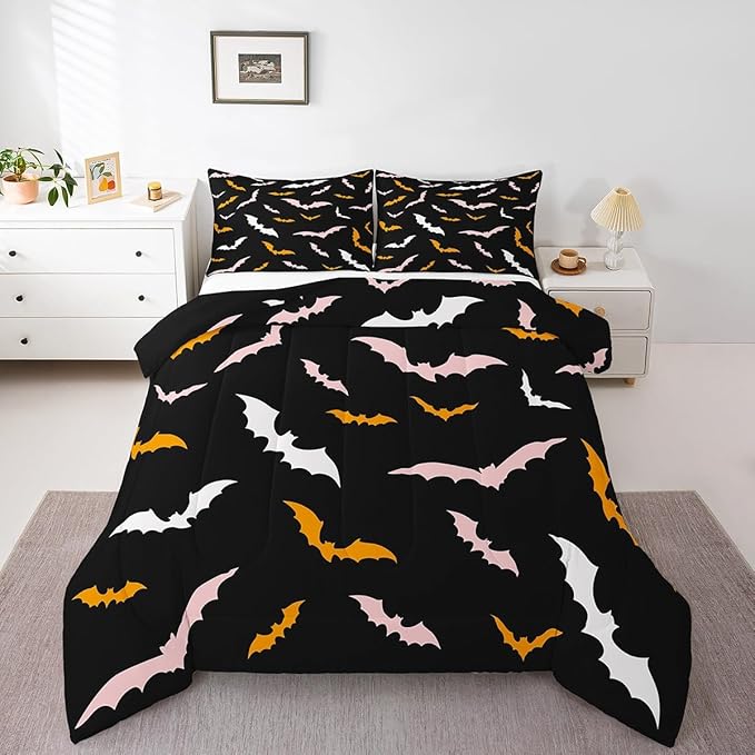 Erosebridal Bat Bedding Set Happy Halloween Comforter Set Toddler Size for Kids Boys Bedroom Pink and Orange Bat Quilt Gothic Spooky Style Duvet Insert with 1 Pillow Case