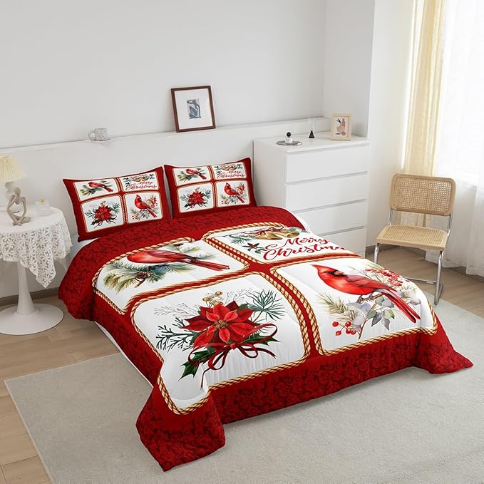 Castle Fairy Christmas Comforter Set King Size,Xmas Cardinals Floral Bells Checkered Bedding Set All Season Quilt Set,Cute Bird Watercolor Red Geometric Microfiber Polyester Down Comforter