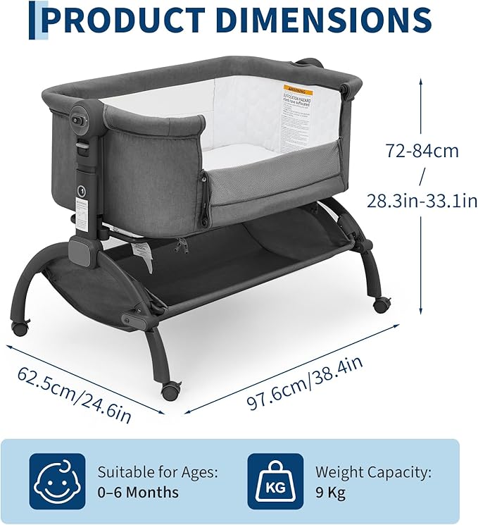 Bedside Bassinet Baby Bassinet, 3 in 1 Bedside Sleeper with Baby Co-Sleeper Travel Crib with Detachable Mosquito Net & Storage Basket | Adjustable Height, Wheels Included