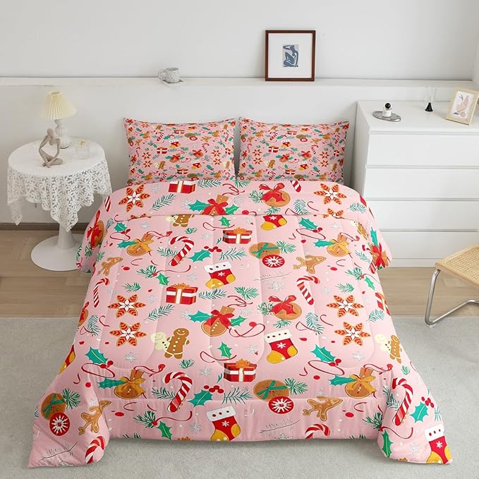 Feelyou Cute Gingerbread Man Bedding Set for Kids Boys Girls Queen Size Comforter Set Ultra Soft Winter Christmas Comforter Xmas Duvet Quilt Bedroom Decor Christmas Decor Quilt