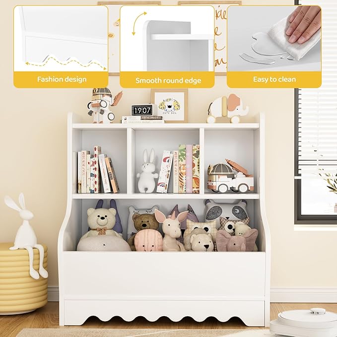 Kids Bookshelf, Toddler Toy Storage Organizer, Wooden 4 Cubby Children Book Shelf for Playroom, Bedroom, Nursery, Classroom