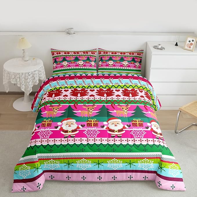 Feelyou Merry Christmas Comforter Set All Season Santa Claus Bedding Set with 2 Pillow Cases Cute Deer Microfiber Kids King Bedclothes Snowflake Bedroom Decor Duvet Quilt Breathable Soft
