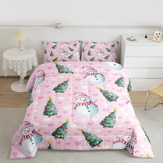 Feelyou Merry Christmas Comforter Set All Season Cute Snowman Bedding Set with 2 Pillow Cases Christmas Tree Microfiber Kids King Bedclothes Love Hearts Duvet Quilt Breathable Soft Lightweight