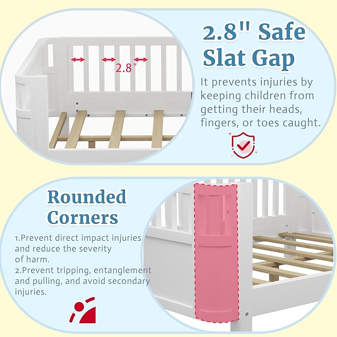 Twin Kids Floor Bed Frame with Rails, Wood Low Montessori Platform Bed with Slats Support, Modern Daybed with Detachable Side Rails, Kids Beds for Boys Girls Bedroom, White