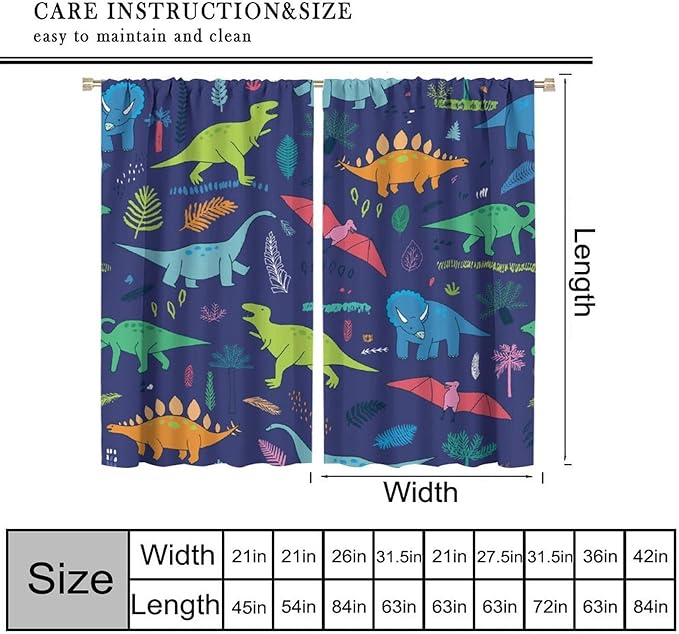Dinosaurs Blackout Curtains Cute Cartoon Animals Dino Tropical Plant Colorful Art Print for Kids Boys Bedroom Living Room Rod Pocket Decoration Window Drapes 2 Panels W42xL84in