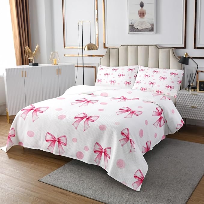 Pink Bow Princess Bedspread Queen Size,Bowknot Geometric Dots Toddler Coverlet Set,Girls Women Room Decor,Butterfly Knot Bow Tie Romantic Quilted Coverlet,White Simple Bedding Quilt,2 Pillowcases