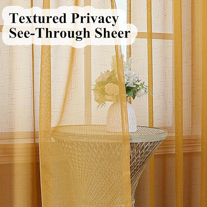 Mustard Gold Sheer Curtains 90 Inches Long 2 Panels, Textured Linen Look See Through Drapes, Vintage Yellow Light Filtering Window Sheers, Pinch Pleat Sliding Glass Door Curtain