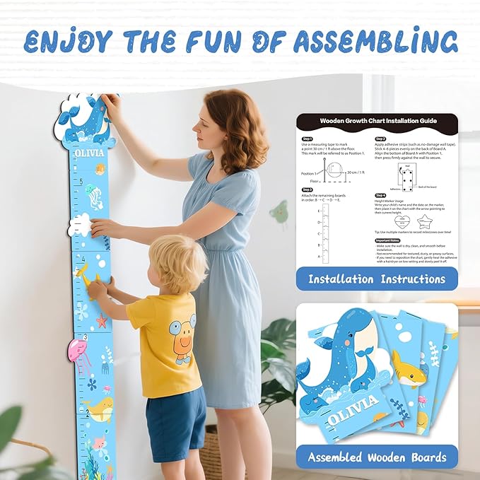 Personalized Name Marine Animals Wooden Growth Chart for Kids-Height Measurement for Wall Girls Boys Teen Room Wall Decor 62.7" x 14"
