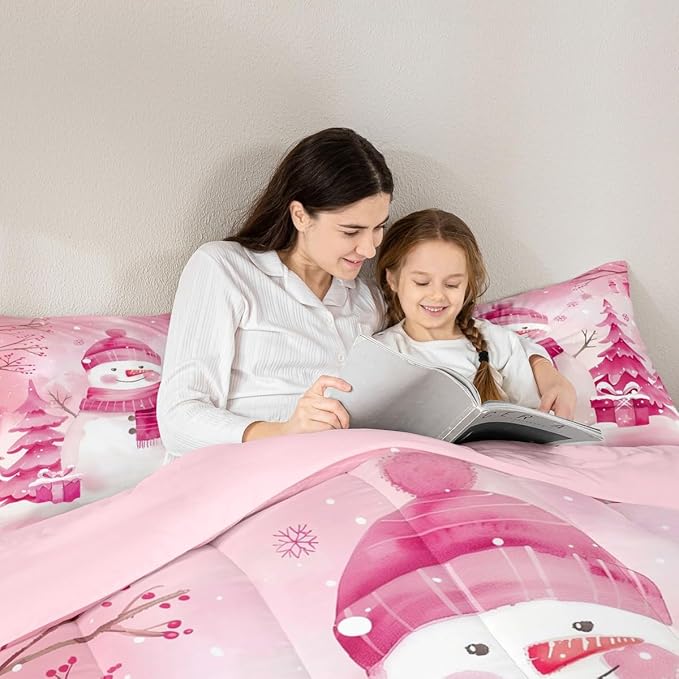 Feelyou Pink Christmas Comforter Set Full Size Snowman Bedding Set for Kids Boys Girls Cute Snowflake Duvet Quilt Merry Christmas Tree and Snowman Room Decor 3 Pcs with 2 Pillow Cases