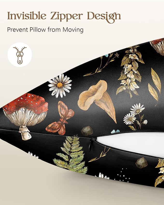 Silk Pillowcase 2 Pack - Pillow Cases 20" x 36" King Size Set of 2 for Hair and Skin Smooth Soft Breathable with Hidden Zipper Cooling Pillow Covers for Sleeping, Mushroom Plants