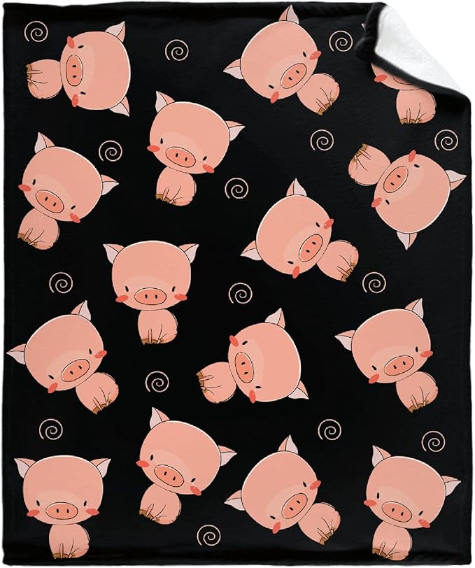 Thuswarm Cute Piggy Kawaii Pig Black Flannel Throw Blanket Warm Cozy Soft Funny Print Blankets for Bed Couch Sofa Room Decoration Gifts 40"×30" XSmall for Pets