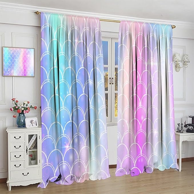 Mermaid Blackout Curtains, Kids Cartoon Blue and Pink Ocean Mermaid Scale Pattern Decoration for Girls Bedroom Nursery Curtains 42x54 Inch