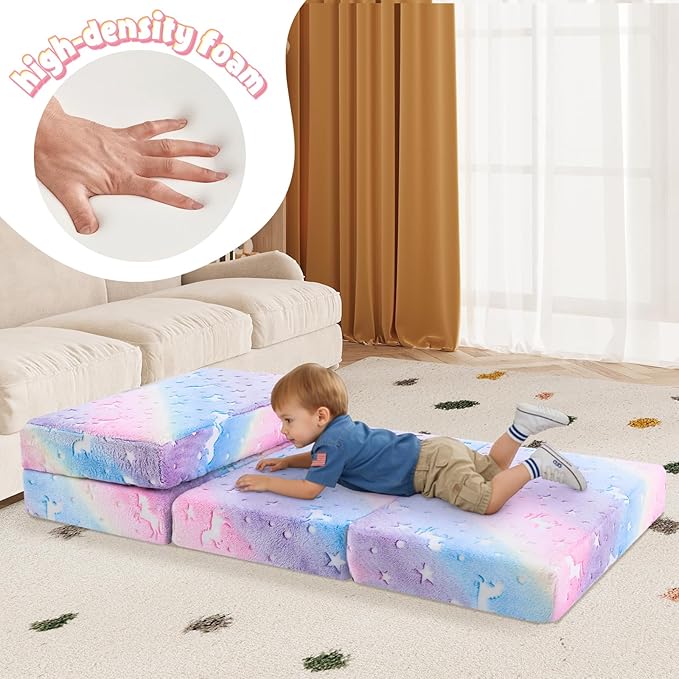 MeMoreCool Foldable Floor Mattress for Kids, Glow Toddler Nap Mat for Sleeping and Daycare, Portable Trifold Futon Mattress Floor Bed, Rainbow Unicorn