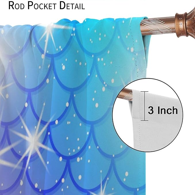 Mermaid Blackout Curtains, Kids Cartoon Blue and Pink Ocean Mermaid Scale Pattern Decoration for Girls Bedroom Nursery Curtains 42x44 Inch