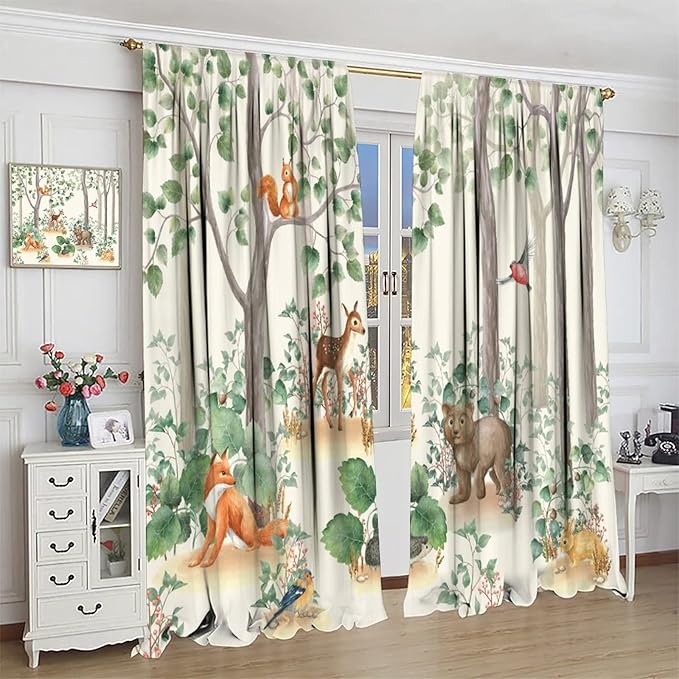 Forest Animal Curtains,Fox Elk Bird Animal Watercolor Woodland Print Curtains Kids Nursery Bedroom Living Room Home Decoration 42x63in