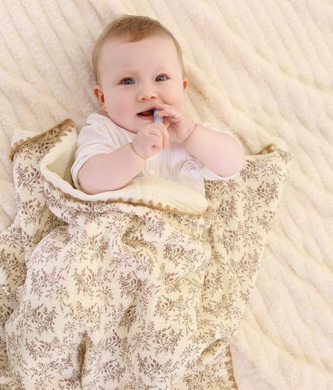 Double Layered 100% Cotton Muslin Baby Blanket Ultra-Soft 40x40 Inch Swaddling Nursery Crib Blanket（Leaves）