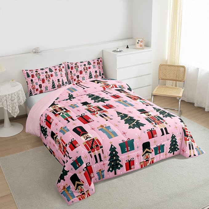 Feelyou Nutcracker Comforter Set All Season Merry Christmas Tree Bedding Set with 2 Pillow Cases Snowflake Kids Full Bedclothes Soldier Print Decor Duvet Quilt Soft Lightweight