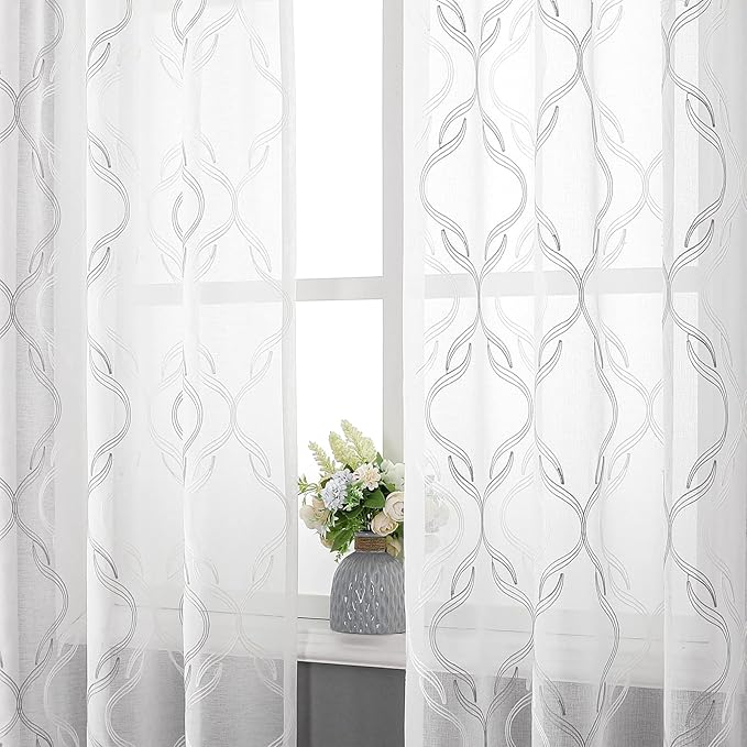 VISIONTEX Sheer Curtains 84 Inches Long 2 Panels Set, Grey and Ivory Two Tone Textured Moroccan Embroidery Geometric Rod Pocket Ivory Voile Tulle Semi Window Treatment Pair for Bedroom, W54 x L84