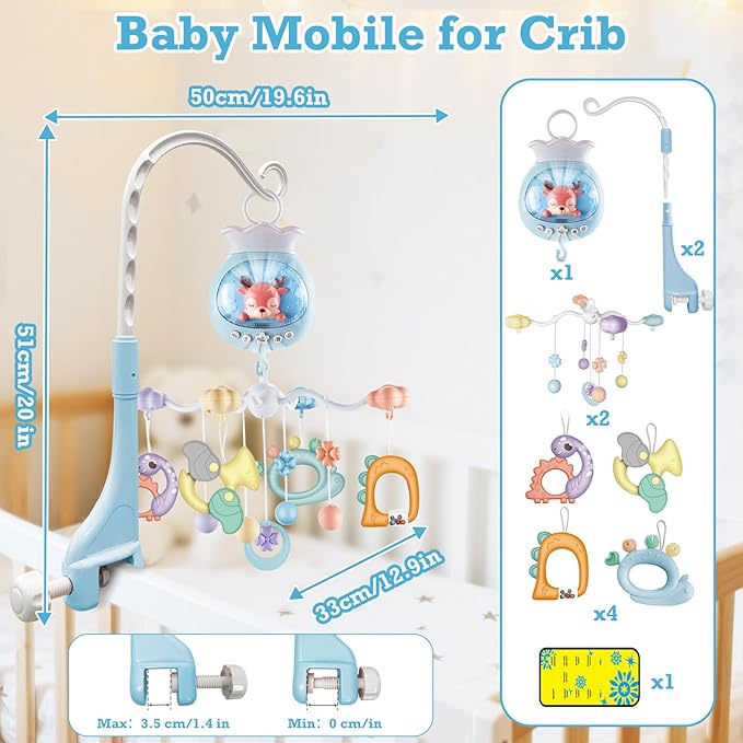 Crib Mobiles for Babies with Music, Rotatable Baby Mobile for Crib with Projection, Timing Function and Baby Rattles Toy, Baby Crib Toys Hanging for Boys Girls 3-12 Months (Blue)