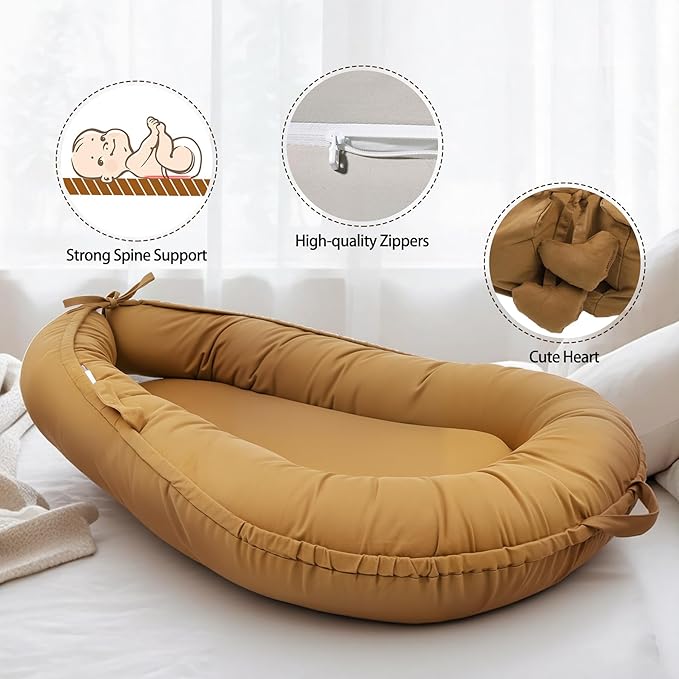 Baby Lounger - Baby Lounger for Newborn 0-24 Months, Soft Breathable Cotton Infant Lounger Cover, Portable Baby Nest for Travel, Newborn Essentials (Sienna)