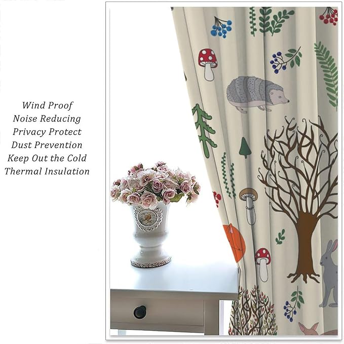 Kids Forest Animal Curtains, Rustic Cute Wild Animal Fox Deer Hedgehog Window Treatments Farmhouse Woodland Window Drapes for Girls Boys Nursery Toddler Bedroom 42x54in