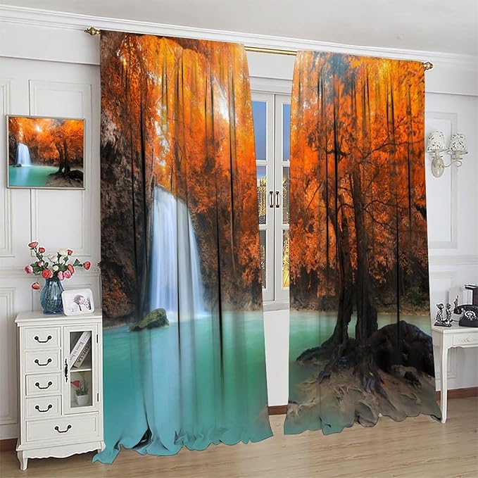 Forest Waterfall Blackout Curtains, Fall Leaves Trees Jungle Autumn Stream Country Nature Landscape Scenery Window Drapes, for Bedroom Living Room 52" W X 84" L