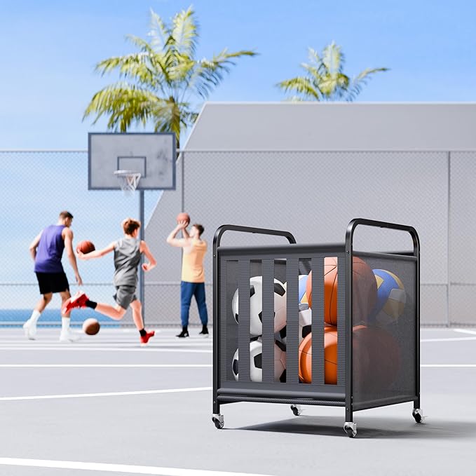 niffgaff Large Rolling Ball Storage Cart – Metal Ball Bin with Lockable Wheels and Elastic Straps, Holds Basketballs, Soccer Balls, Toys and Sports Equipment, Indoor & Outdoor Organizer – Black