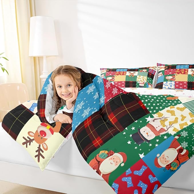 Feelyou Patchwork Christmas Bedding Set Soft for Boys Girls, Santa Claus Reindeer Comforter Set Full Size Snowman Duvet Quilt Microfiber Snowflake Bedroom Decor 3 Pcs with 2 Pillow Cases