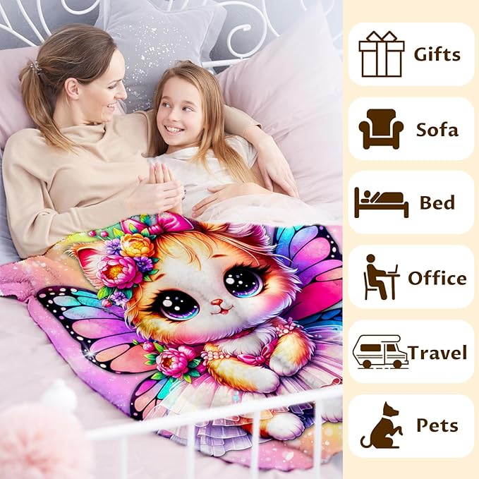 Cat Blanket for Girls, Throw for Kids Teens Adults Cat Lovers 60x80 Inches Soft Cozy Rainbow Print Throw Blankets for Sofa Couch Bed Travel Daughter Birthday Gift