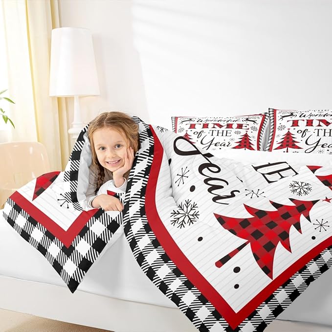 Merry Christmas Kids Comforter Set Full Size,Snowflake Deer Pine Trees Romantic Bedding,Girls Boys Adults Bedroom/Xmas Cabin Decor,Grids Stylish Down Comforter,Rustic Duvet Insert,2 Pillowcases