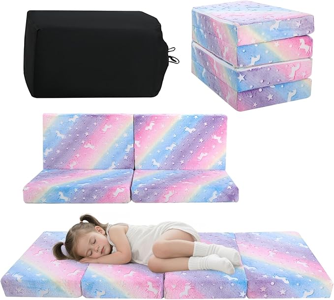 MeMoreCool Foldable Floor Mattress for Kids, Glow Toddler Nap Mat for Sleeping and Daycare, Portable Trifold Futon Mattress Floor Bed, Rainbow Unicorn