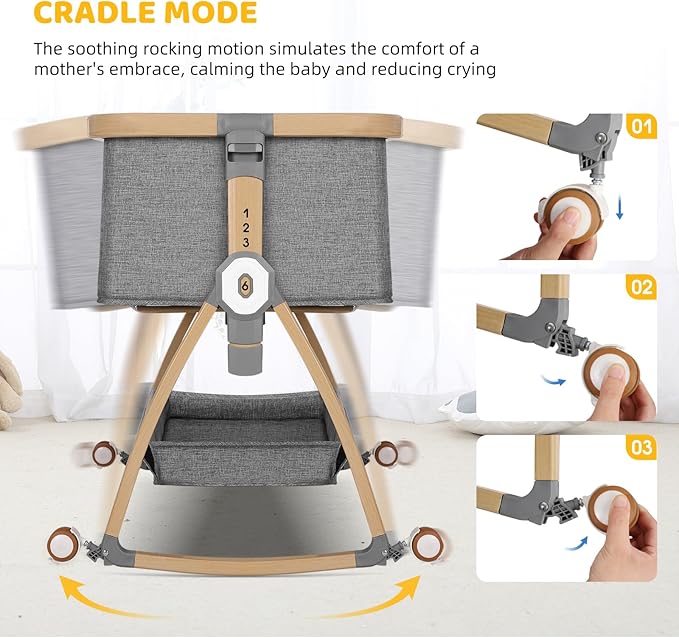 Bassinet Bedside Sleeper,Bedside Bassinet,Rocking Bassinet,3 in 1 Baby Bassinet with Mattress,Mobile,Mosquito Net,Storage Basket,6-Height Adjustable Portable Bassinet with Wheels for Newborn Infants