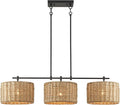 41" Chandelier Woven Rattan Light Fixture with 3 Wicker Lampshades, Large Linear Boho Chandeliers Drum Pendant Lights Kitchen Island