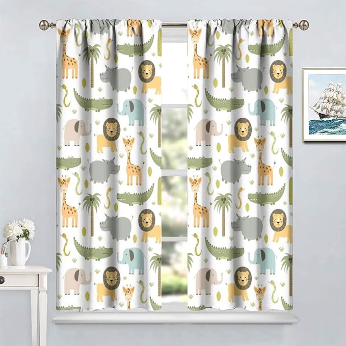 Nursery Safari Animals Window Curtains,Cartoon Woodland Jungle Forest Lion Elephant Giraffe Printed Pattern Blackout Drapes for Living Room Baby Boy Kids Bedroom 84x84in