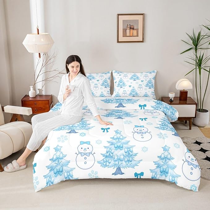 Feelyou Merry Christmas Bedding Set Soft for Boys Girls, Cute Snowman Comforter Set Toddler Size Cartoon Bowknot Duvet Quilt Microfiber Christmas Tree 2 Pcs with 1 Pillow Cases
