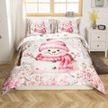 Manfei Christmas Kids Duvet Cover Set King Size, Cute Snowman Xmas Bedding Set for Boy Girls Room Decor, Pink Flower New Year Comforter Cover, Soft Polyester Quilt Cover, 2 Pillowcases, No Comforter