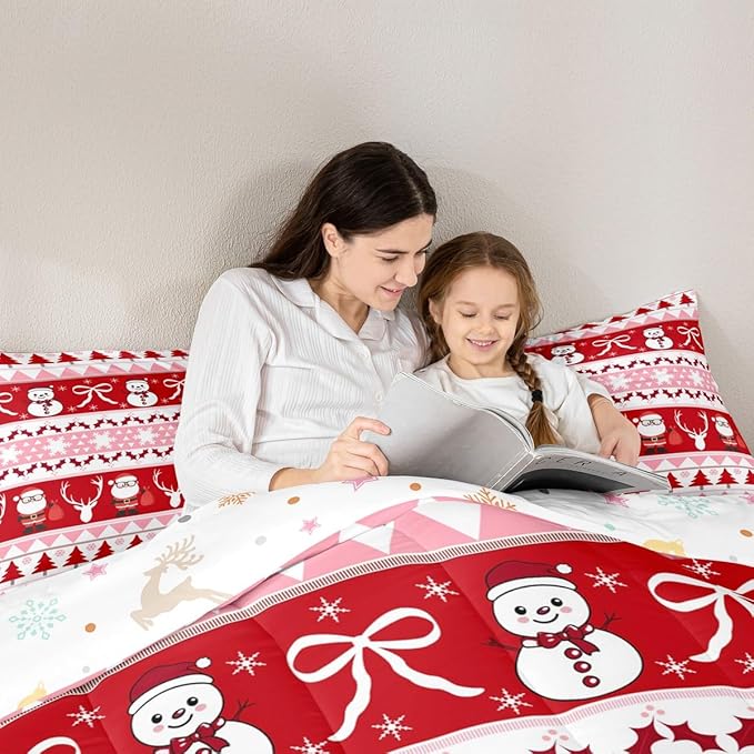 Feelyou Merry Christmas Tree Kids Comforter Set Toddler Size Cute Snowman Bedding Set Santa Claus Duvet Quilt for Kids Boys Girls Bedroom Cartoon Bowknot Decor Microfiber Ultra Soft Breathable