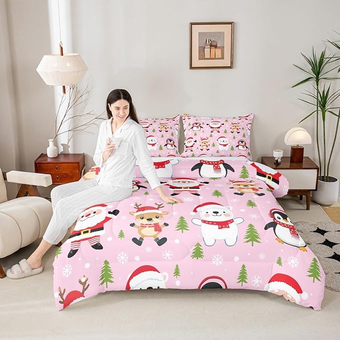 Feelyou Pink Christmas Bedding Set Soft for Boys Girls, Santa Claus Comforter Set King Size Penguin Deer Duvet Quilt Microfiber Xmas Snowflake Tree Bedroom Decor 3 Pcs with 2 Pillow Cases