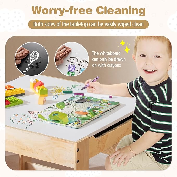 Costzon Kids Table and Chairs, 3 in 1 Wooden Activity Desk Set w/Double-Sided Tabletop, Storage Drawers and Reinforced Design for Drawing, Reading & Playing, Toddler Table and Chair Set (Beige)