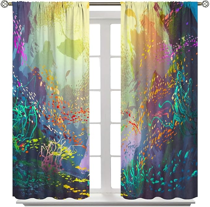 Ocean Decor Curtain, Untouched Wild Underwater Aquatic World Corals Exotic Fishes Seascape Curtain for Living Room Cafe Set 2 Panels,42x45 Inches, Style-2