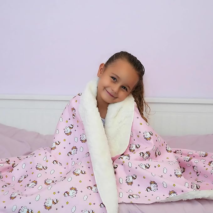 Kids Sherpa Throw Blanket – Soft Cotton & Warm Sherpa Toddler Blanket, Pink Unicorn & Clouds Pattern, Plush Winter Bed Throw, 40 x 60 inches