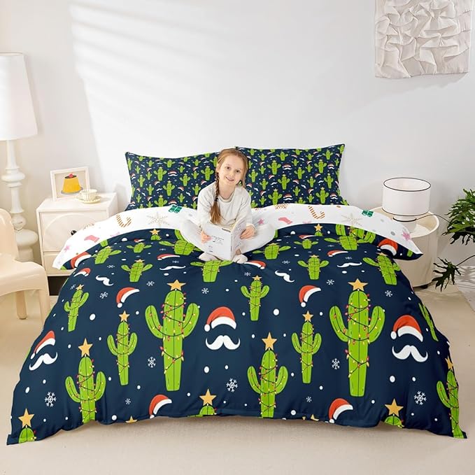 Feelyou Christmas Duvet Cover Boys Cartoon Cactus Xmas Theme Bedding Set for Kids Teens Ultra Soft Snowflake Comforter Cover Set New Year Bedspread Cover Room Decor Toddler Size Bedclothes Zipper