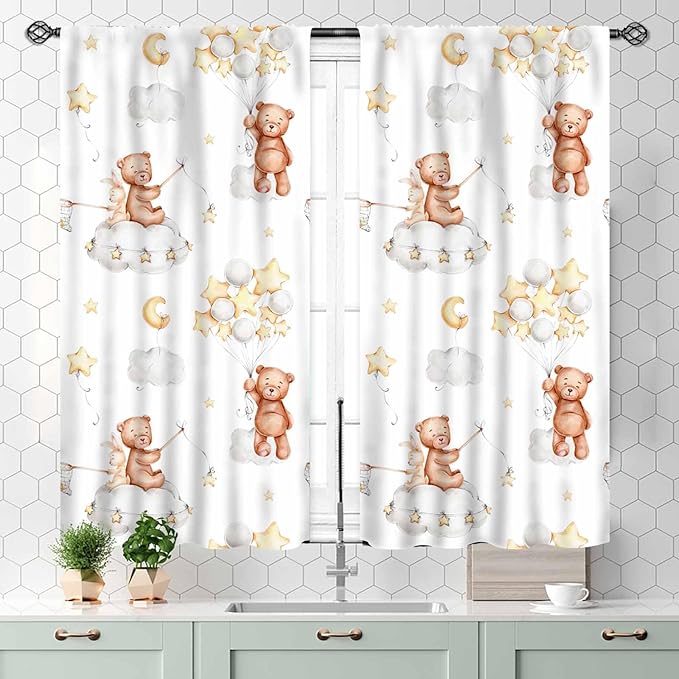 Cartoon Bear Curtains, Kids Boys Girls Cute Lovely Bear Star Cloud Ballon Pastel Window for Baby Living Room Bedroom Nursey Toddler Classroom 2 Panels, 55x39 Inch