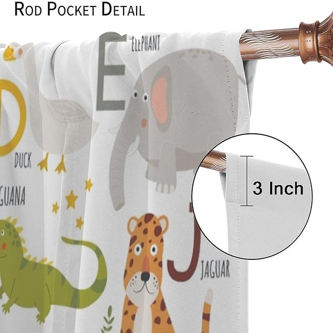 Alphabet Kids Learning Curtains Cartoon Animal Baby Boys Child Educational Curtain with Rod Pocket for Bedroom Nursery Home Decor Drapes Window Treatments 2 Panels Set 63" W X 63" L