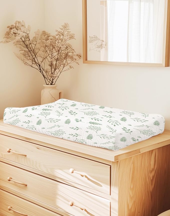 Changing Pad Cover for Baby Boy Girl 2 Pack, Muslin Changing Table Pad Covers with Boho Style, Neutral Nursery Bedding Essentials Soft and Breathable (Fern Leaf & Sage)